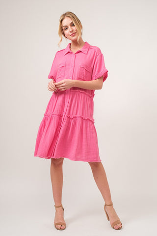 Shop And The Why Full Size Raw Edge Washed Tiered Shirt Dress - High-Quality U.S. Made Women’s Fashion with Free & Fast Shipping