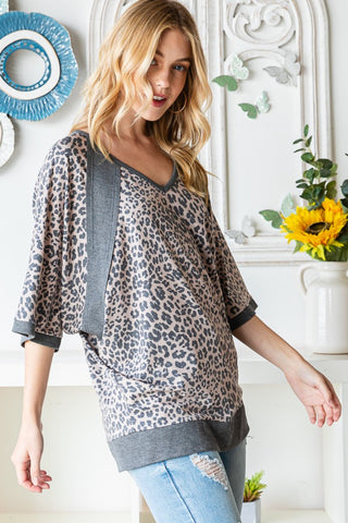 Shop Heimish Full Size Leopard Contrast V-Neck Half Sleeve T-Shirt - High-Quality U.S. Made Women’s Fashion with Free & Fast Shipping