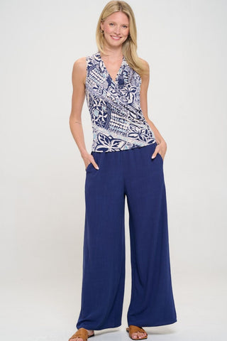 Shop Navy RENEE C Linen Wide Leg Pants with Pockets - High-Quality U.S. Made Women’s Fashion with Free & Fast Shipping