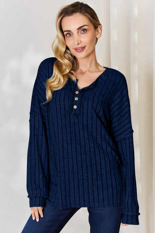 Shop Dark Blue Basic Bae Full Size Ribbed Half Button Long Sleeve T-Shirt - High-Quality U.S. Made Women’s Fashion with Free & Fast Shipping