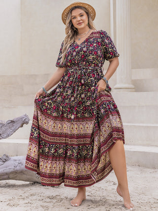 Shop Plus Size Printed V-Neck Short Sleeve Maxi Dress - High-Quality U.S. Made Women’s Fashion with Free Fast Shipping