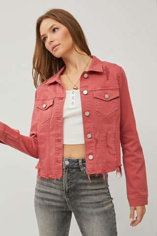 Shop RISEN Raw Hem Button Up Cropped Denim Jacket - High-Quality U.S. Made Women’s Fashion with Free & Fast Shipping