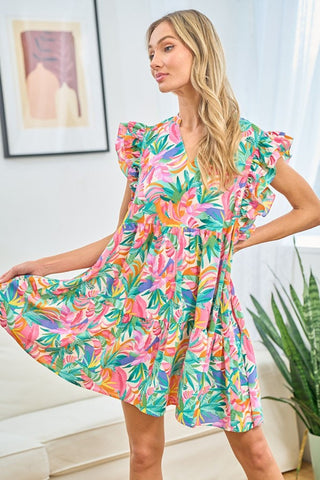 Shop Multi First Love Ruffled Printed Notched Cap Sleeve Dress - High-Quality U.S. Made Women’s Fashion with Free & Fast Shipping