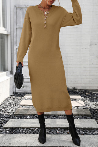 Shop Decorative Button Notched Dropped Shoulder Sweater Dress - High-Quality U.S. Made Women’s Fashion with Free & Fast Shipping