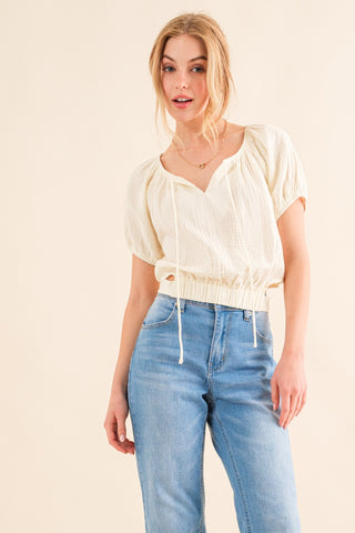 Shop Cream And The Why Back Waist Tie Cropped Blouse - High-Quality U.S. Made Women’s Fashion with Free & Fast Shipping