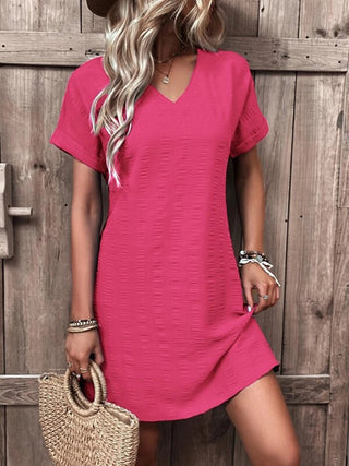 Shop Hot Pink Full Size V-Neck Short Sleeve Mini Dress - High-Quality U.S. Made Women’s Fashion with Free & Fast Shipping