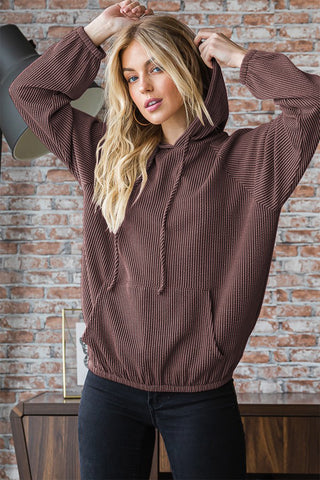 Shop Brown Heimish Ribbed Long Sleeve Hoodie with Kangaroo Pocket - High-Quality U.S. Made Women’s Fashion with Free & Fast Shipping