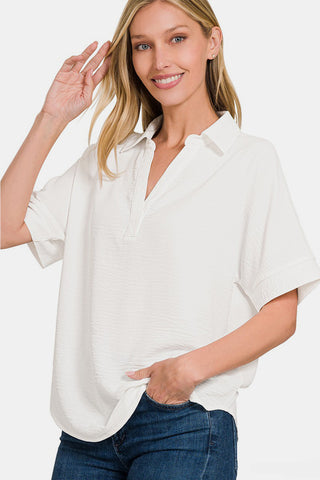 Shop Off White Zenana Texture Collared Neck Short Sleeve Top - High-Quality U.S. Made Women’s Fashion with Free & Fast Shipping