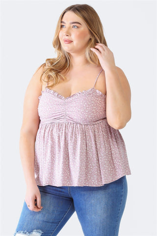 Shop Mauve Zenobia Plus Size Frill Smocked Floral Sweetheart Neck Cami - High-Quality U.S. Made Women’s Fashion with Free & Fast Shipping