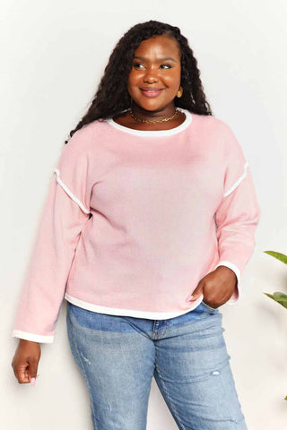 Shop Blush Pink Contrast Detail Dropped Shoulder Knit Top - High-Quality U.S. Made Women’s Fashion with Free & Fast Shipping