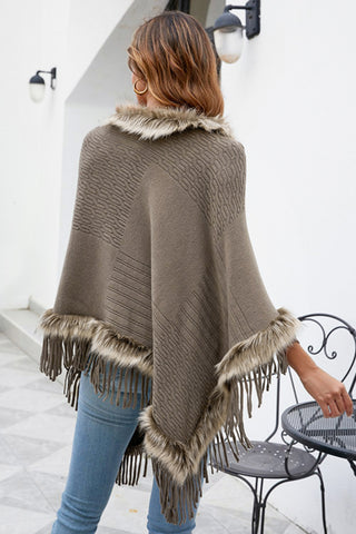 Shop Faux Fur Trim Fringed Poncho - High-Quality U.S. Made Women’s Fashion with Free Fast Shipping