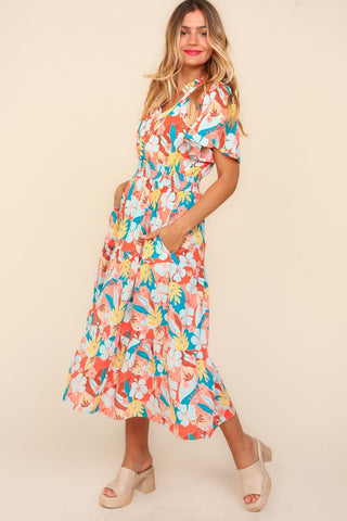 Shop Haptics Full Size Tropical Floral Tiered Dress with Side Pockets - High-Quality U.S. Made Women’s Fashion with Free & Fast Shipping