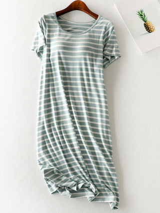 Shop Green White Striped Round Neck Short Sleeve Dress - High-Quality U.S. Made Women’s Fashion with Free & Fast Shipping