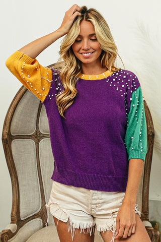 Shop BiBi Color Block Pearl Detail Round Neck Sweater - High-Quality U.S. Made Women’s Fashion with Free Fast Shipping