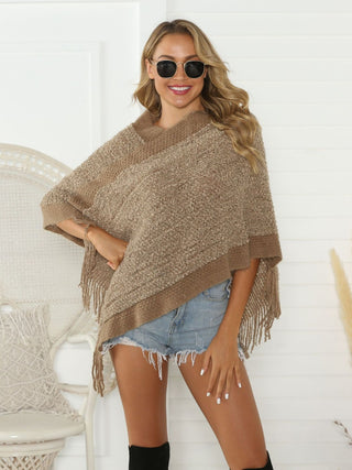 Shop Heathered Fringe Detail Poncho - High-Quality U.S. Made Women’s Fashion with Free Fast Shipping