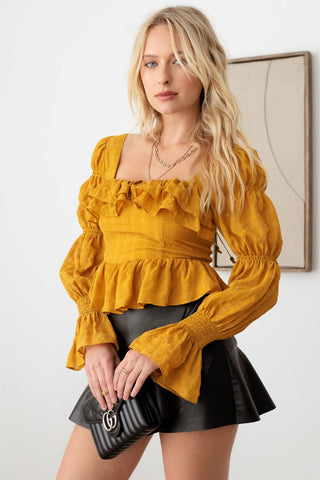 Shop Dijon Mustard Seed Boho Shirred Smocked Peplum Long Sleeve Top - High-Quality U.S. Made Women’s Fashion with Free & Fast Shipping