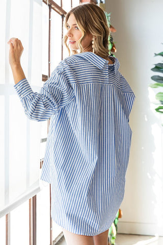 Shop Blue First Love Striped Button Down High-Low Hem Shirt - High-Quality U.S. Made Women’s Fashion with Free & Fast Shipping