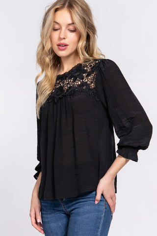 Shop ACTIVE BASIC Crochet Lace Panel Flounce Sleeve Blouse - High-Quality U.S. Made Women’s Fashion with Free & Fast Shipping