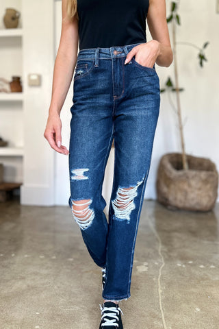 Shop Judy Blue Full Size High Waist Rigid Magic Heavy Destroy Straight Jeans - High-Quality U.S. Made Women’s Fashion with Free & Fast Shipping