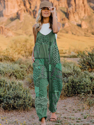 Shop Green Full Size Printed V-Neck Sleeveless Jumpsuit - High-Quality U.S. Made Women’s Fashion with Free & Fast Shipping