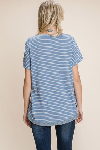 Shop Cotton Bleu by Nu Lab Slit Striped Notched Short Sleeve T-Shirt - High-Quality U.S. Made Women’s Fashion with Free & Fast Shipping