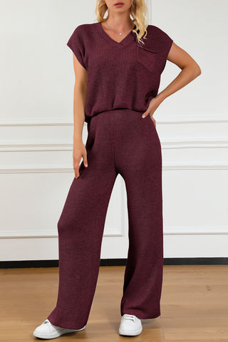 Shop Burgundy Pocketed V-Neck Top and Wide Leg Sweater Set - High-Quality U.S. Made Women’s Fashion with Free & Fast Shipping