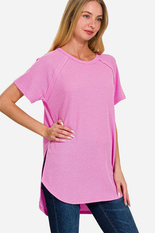 Shop BRIGHT MAUVE Zenana Slit Round Neck Short Sleeve Waffle Top - High-Quality U.S. Made Women’s Fashion with Free & Fast Shipping