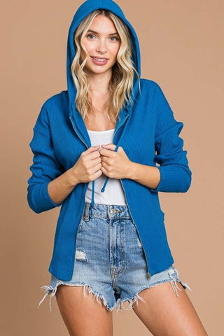 Shop Culture Code Full Size Ribbed Zip Up Drawstring Hooded Jacket - High-Quality U.S. Made Women’s Fashion with Free & Fast Shipping