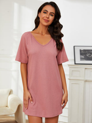 Shop Dusty Pink V-Neck Short Sleeve Mini Lounge Dress - High-Quality U.S. Made Women’s Fashion with Free & Fast Shipping