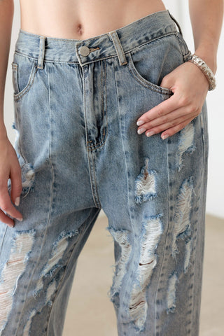 Shop Litz La Washed Barrel Leg High Waist Distressed Jeans - High-Quality U.S. Made Women’s Fashion with Free & Fast Shipping