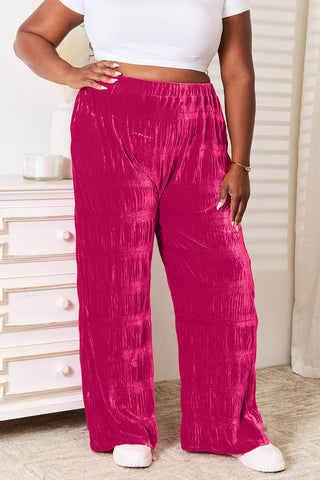 Shop Double Take Full Size High Waist Tiered Shirring Velvet Wide Leg Pants - High-Quality U.S. Made Women’s Fashion with Free & Fast Shipping