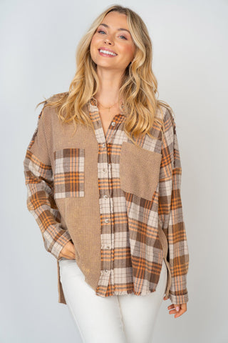 Shop Brown White Birch Full Size Contrast Plaid Button Down Shirt - High-Quality U.S. Made Women’s Fashion with Free & Fast Shipping