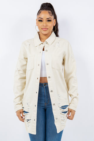 Shop Ivory American Bazi Distressed Button Up Long Sleeve Denim Jacket - High-Quality U.S. Made Women’s Fashion with Free & Fast Shipping