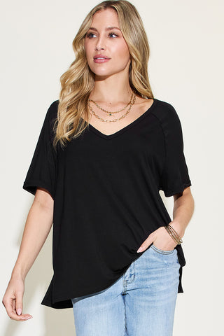 Shop Black Basic Bae Full Size Bamboo Slit V-Neck Short Sleeve T-Shirt - High-Quality U.S. Made Women’s Fashion with Free & Fast Shipping