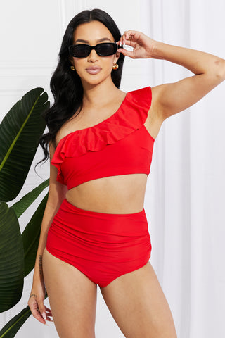 Shop Marina West Swim Seaside Romance Ruffle One-Shoulder Bikini in Red - High-Quality U.S. Made Women’s Fashion with Free Fast Shipping