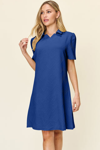 Shop Royal Blue Double Take Full Size Texture Collared Neck Short Sleeve Dress - High-Quality U.S. Made Women’s Fashion with Free & Fast Shipping