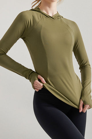 Shop Olive Hooded Long Sleeve Active T-Shirt - High-Quality U.S. Made Women’s Fashion with Free & Fast Shipping