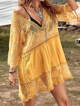 Shop Gold One Size Lace Detail Plunge Cover-Up Dress - High-Quality U.S. Made Women’s Fashion with Free & Fast Shipping