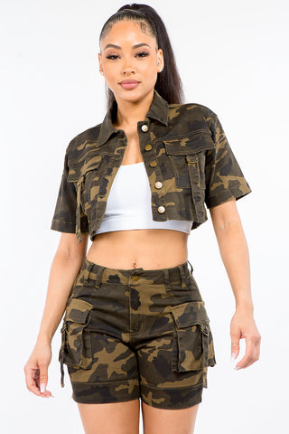 Shop American Bazi Full Size Camouflage Short Sleeve Cropped Jacket - High-Quality U.S. Made Women’s Fashion with Free Fast Shipping