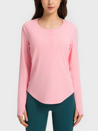 Shop Blush Pink Millennia Round Neck Long Sleeve Sport Top - High-Quality U.S. Made Women’s Fashion with Free & Fast Shipping