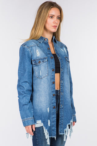 Shop American Bazi Distressed Frayed Hem Denim Jacket - High-Quality U.S. Made Women’s Fashion with Free & Fast Shipping