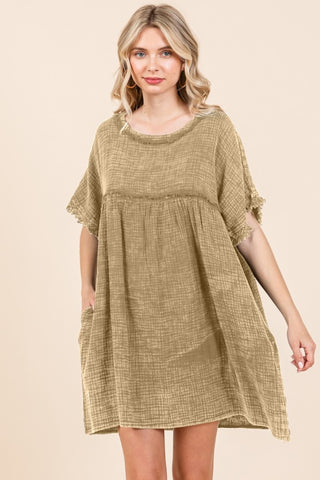 Shop Iced Coffee Culture Code Full Size Short Sleeve Babydoll Texture Dress with Pockets - High-Quality U.S. Made Women’s Fashion with Free & Fast Shipping