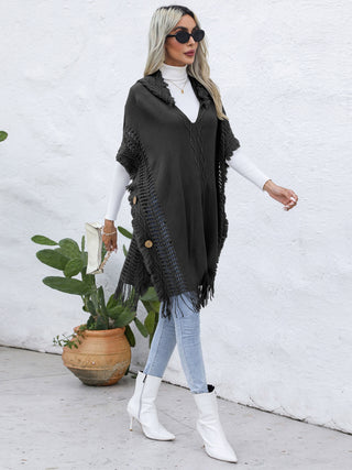 Shop Fringe Trim Buttoned Hooded Poncho - High-Quality U.S. Made Women’s Fashion with Free Fast Shipping