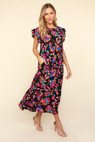 Shop Haptics Ruffled Printed Round Neck Cap Sleeve Dress - High-Quality U.S. Made Women’s Fashion with Free & Fast Shipping