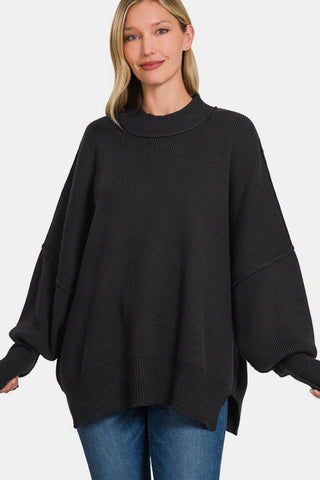 Shop Black Zenana Side Sit Oversize Sweater - High-Quality U.S. Made Women’s Fashion with Free & Fast Shipping