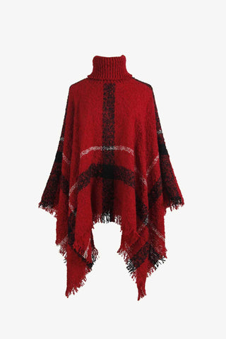 Shop Plaid Turtleneck Raw Hem Poncho - High-Quality U.S. Made Women’s Fashion with Free Fast Shipping