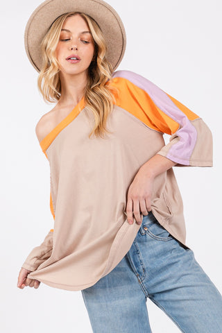 Shop Latte SAGE + FIG Color Block Curved Hem T-Shirt - High-Quality U.S. Made Women’s Fashion with Free & Fast Shipping