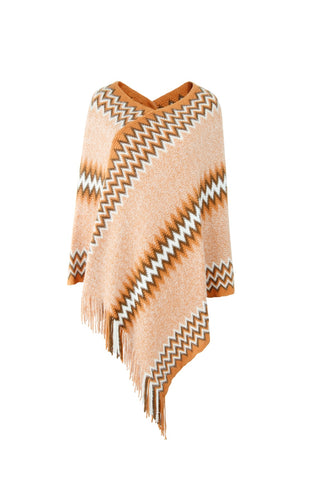 Shop Fringe Hem Striped Cape Sleeve Poncho - High-Quality U.S. Made Women’s Fashion with Free Fast Shipping