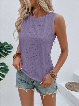 Shop Eyelet Round Neck Tank - High-Quality U.S. Made Women’s Fashion with Free & Fast Shipping