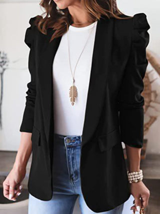 Shop Black Collared Neck Puff Sleeve Blazer - High-Quality U.S. Made Women’s Fashion with Free & Fast Shipping